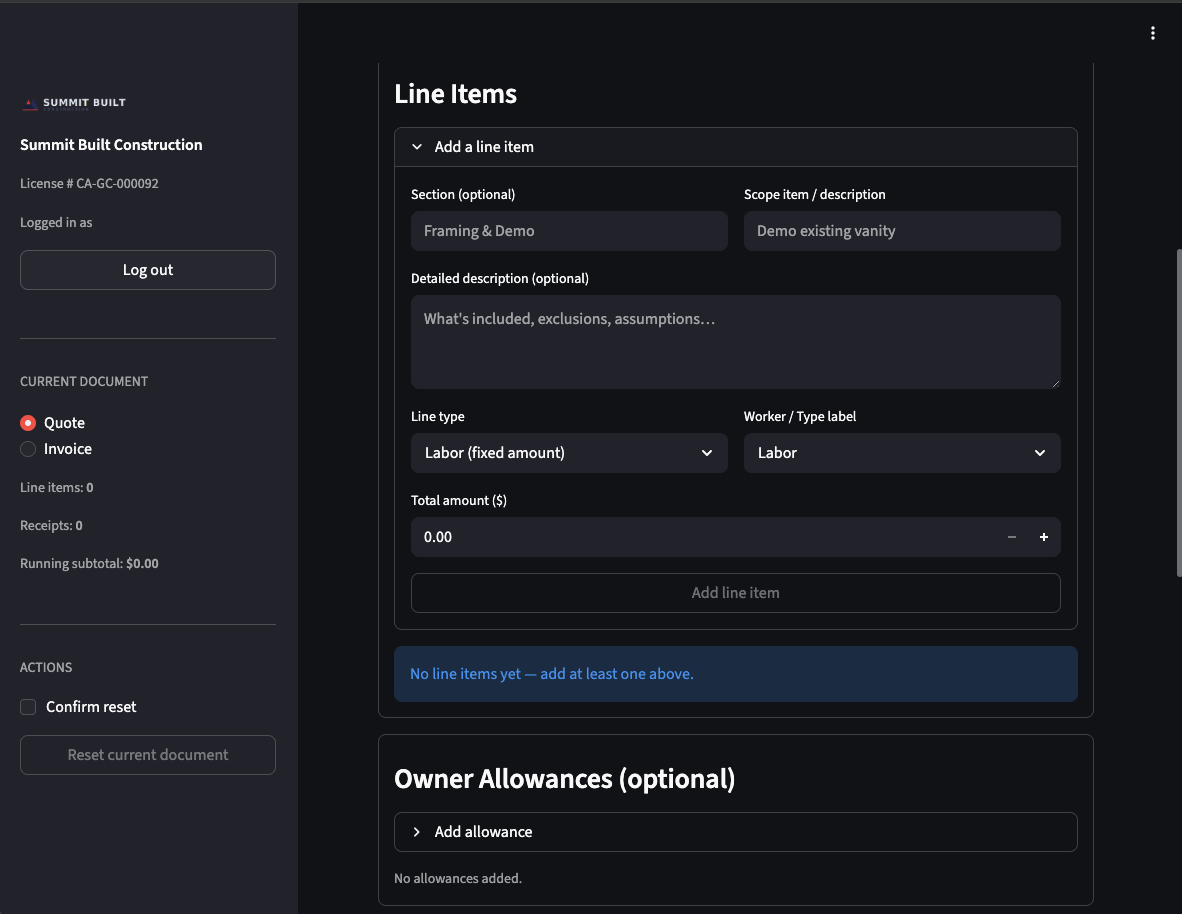 BuilderFlow Create Invoice page with Job Info and Document Settings