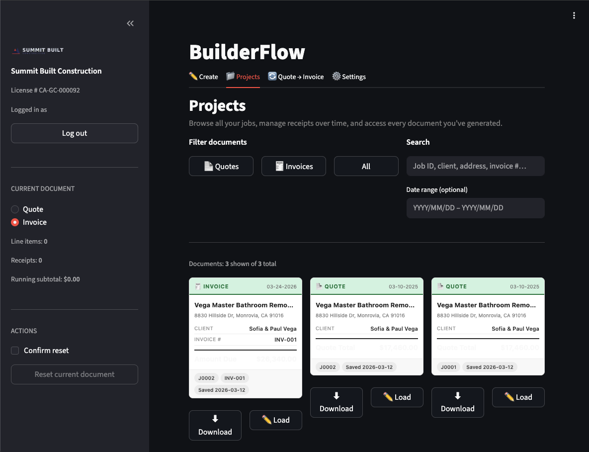 BuilderFlow Projects Dashboard - Browse all your jobs, manage receipts over time, and access every document