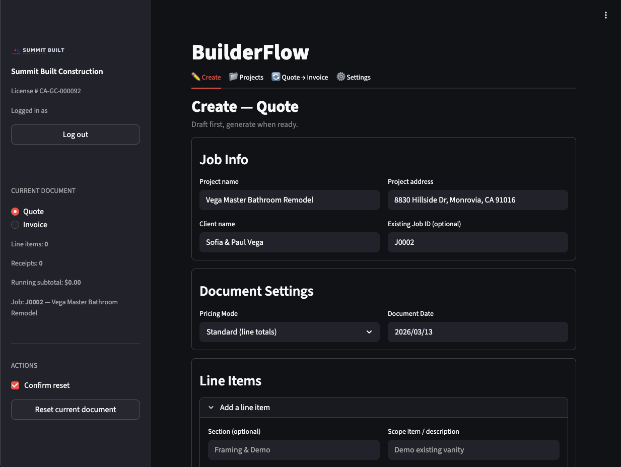 Create Quote page with Job Info, Document Settings, and Line Items sections